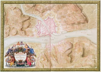 Ms 988 tome 3 fol.45 Plán a mapa města a citadely v Bayonne, z 